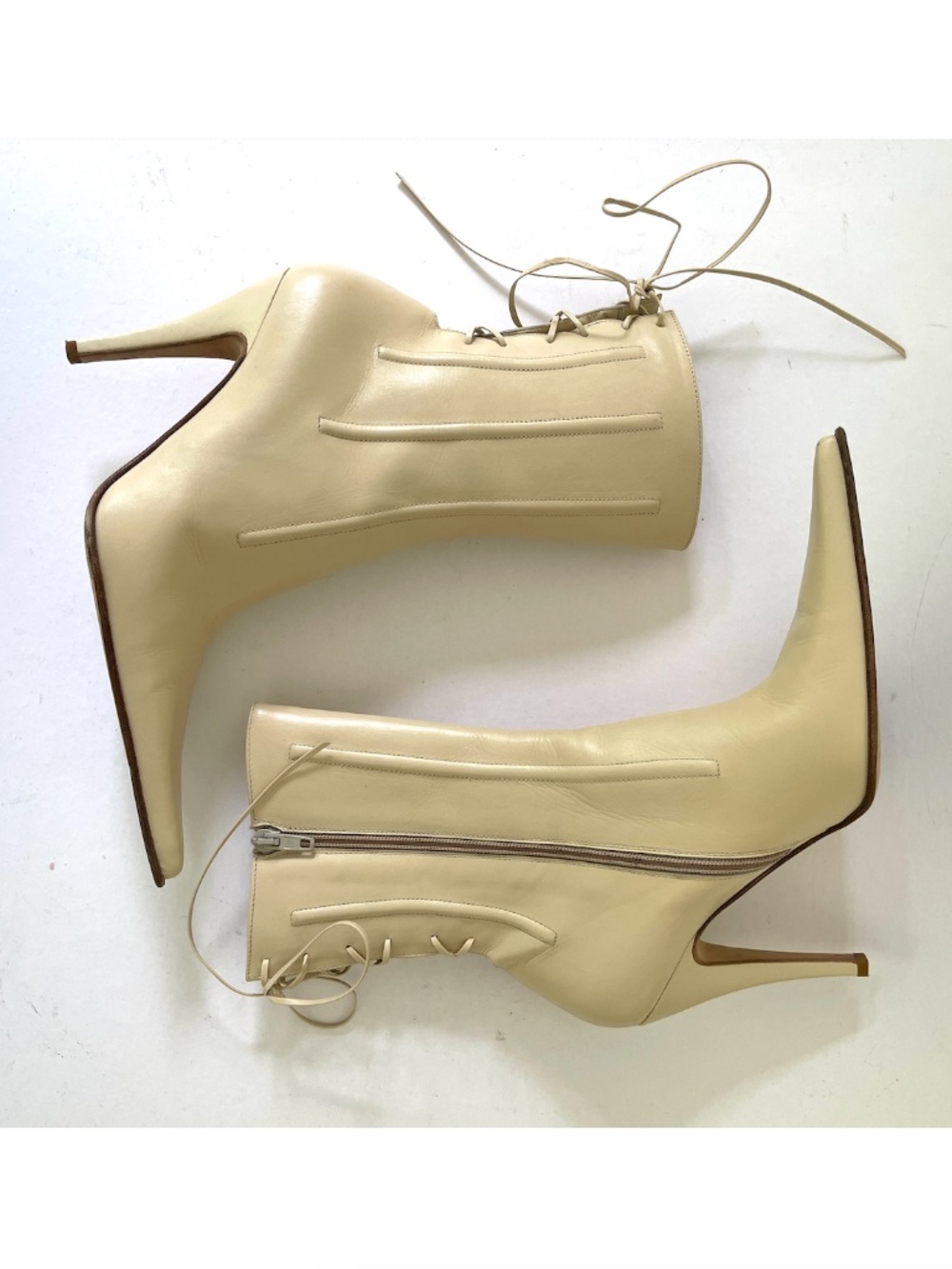 Les Tropeziennes Ivory Leather Lace-Up Pointed Toe Stiletto Boots Size 39